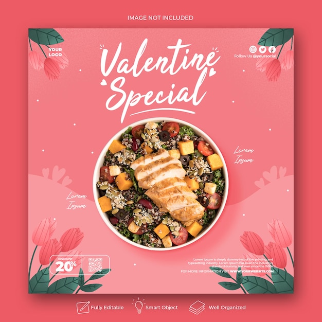 Post di instagram sui social media per la promozione del menu di san valentino