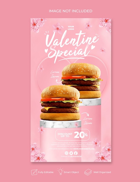 Storie di instagram sui social media per la promozione del menu di san valentino