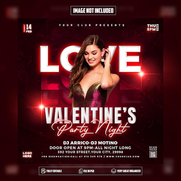 PSD valentines night party flyer social media post and web banner psd