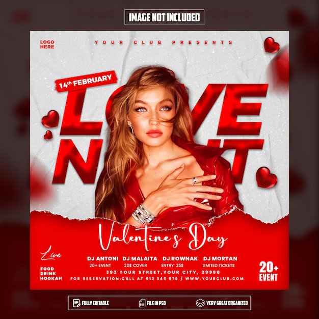 PSD valentines night party flyer social media post and web banner