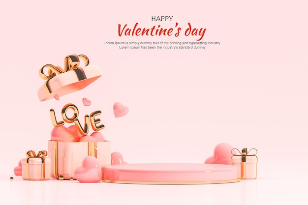 Valetines day with 3d empty podium and pink hearths