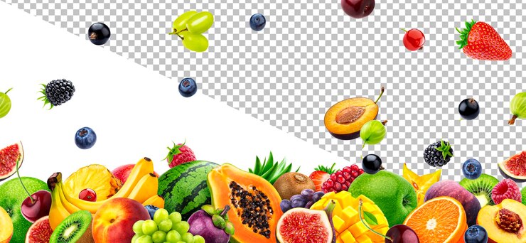 PSD vallend fruit en bessen naadloos patroon gemaakt van verse voedselingrediënten