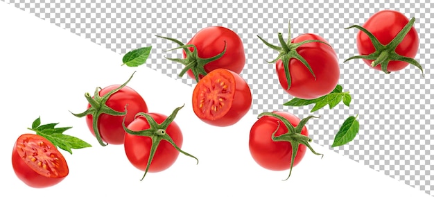 PSD vallende cherry tomato geïsoleerd op een witte achtergrond met uitknippad