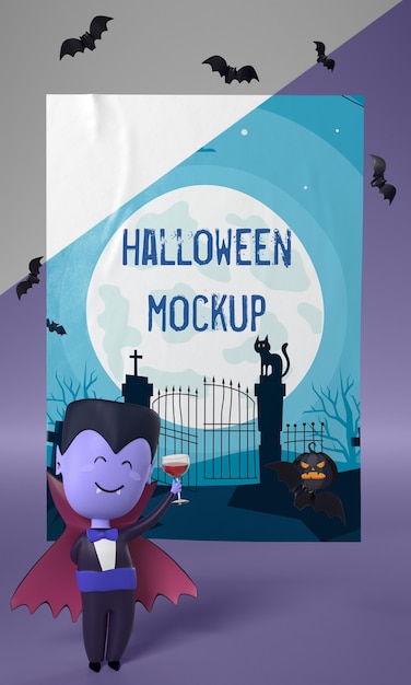 PSD vampire character next to halloween poster mock-up