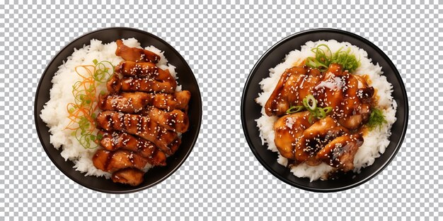 PSD van teriyaki kippenplaat met rijst geïsoleerd op een transparante achtergrond top view