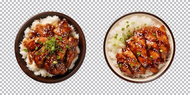 PSD van teriyaki kippenplaat met rijst geïsoleerd op een transparante achtergrond top view