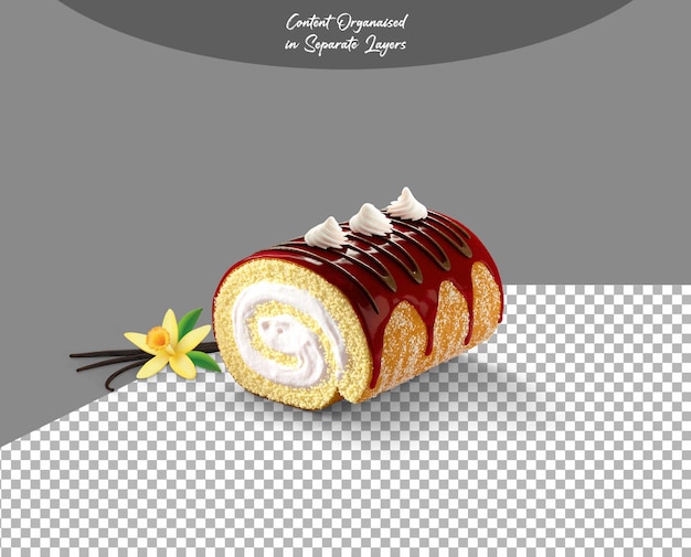 透明な背景に隔離されたバニラクリームスイスロールケーキ