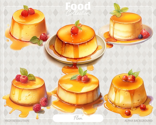 PSD vanilla flan pudim watercolor food illustration collection with transparent background