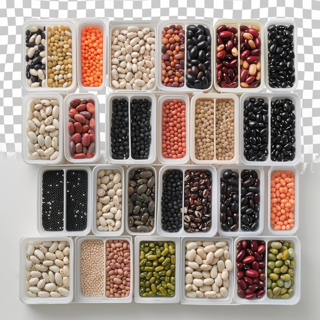 A variety of beans and beans are displayed on a white background