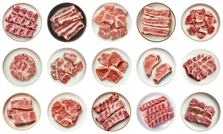 PSD 異なる種類の豚肉,牛肉,羊肉を展示する皿に様々な種類の肉が展示されています.