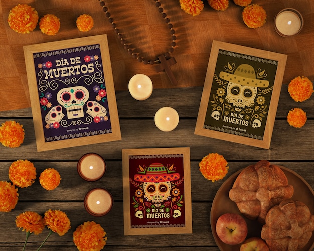 Variety of dia de muertos mock-up top view