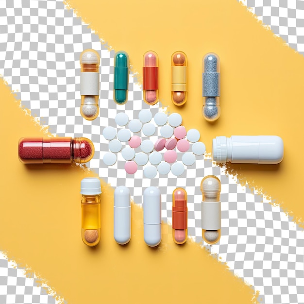 PSD variety of drugs in pills and vials on transparent background