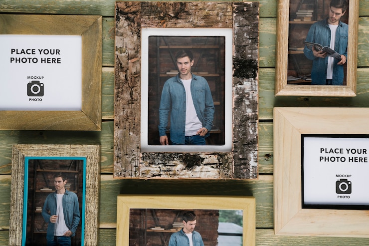 PSD variety of frames on wooden background