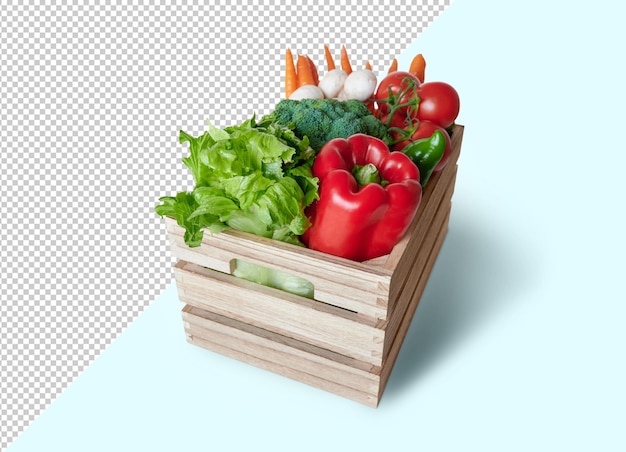 Variety of fresh vegetable in wooden box, mockup