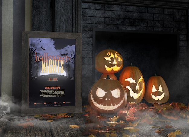 Variety of funny carved pumpkin faces and halloween nights frame mock-up