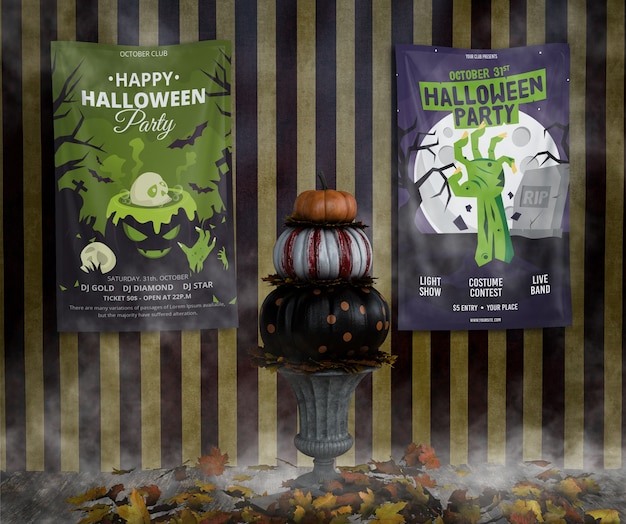 Varietà di mock-up di cornici di halloween e mucchio di zucche