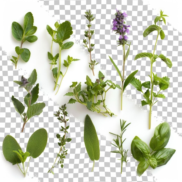 PSD a variety of herbs and herbs are shown on a checkered background