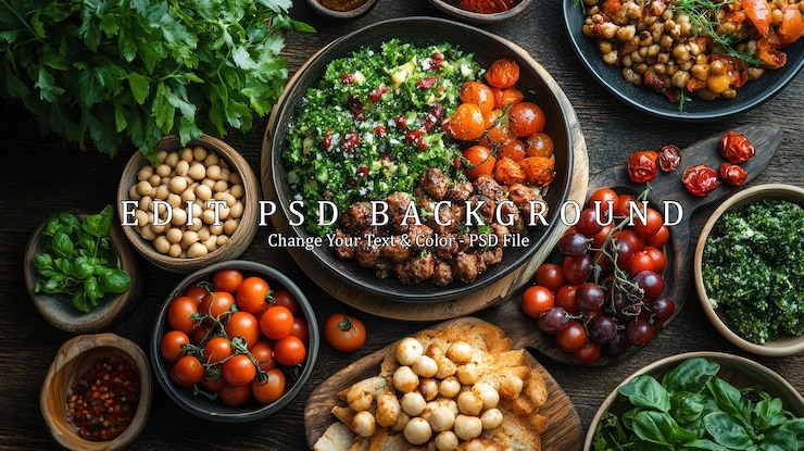 PSD a variety of mediterranean dishes on a wooden table including a salad with chickpeas tomatoes and meat and a bowl of grapes with bowls of dried herbs and spices
