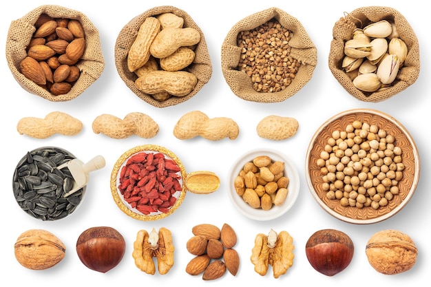 A variety of nuts are shown on a white background.