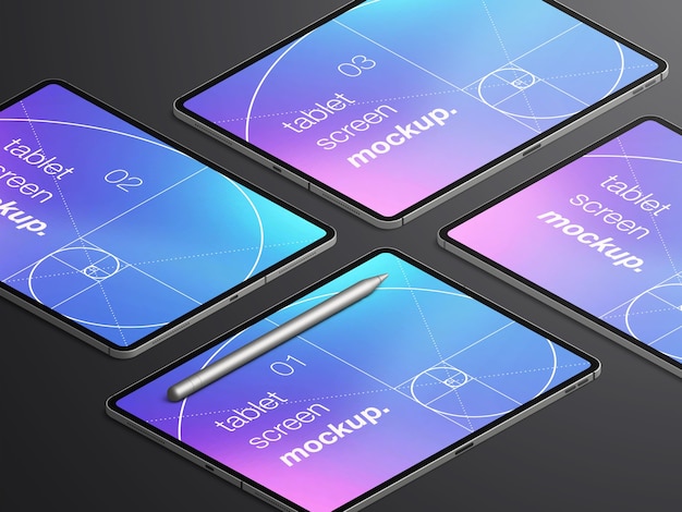 Varietà di mockup di schermi di dispositivi tablet isometrici realistici con matita stilo