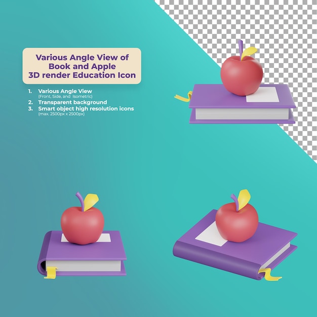 Various angle view apple and book 3d render education icon