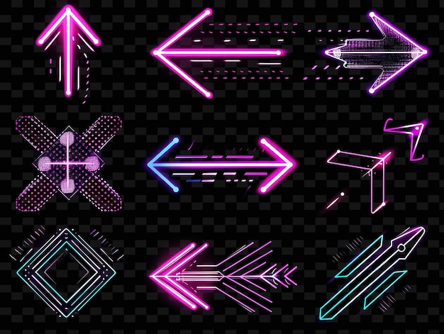 Diverse icone di frecce con scintillante luce al neon in puntata s set png iconic y2k shape art decorativet