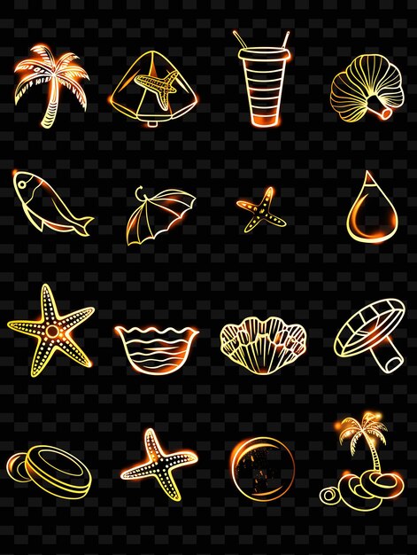 PSD various of beach icons with glowing aura and pixelated styl set png iconic y2k shape art decorativee