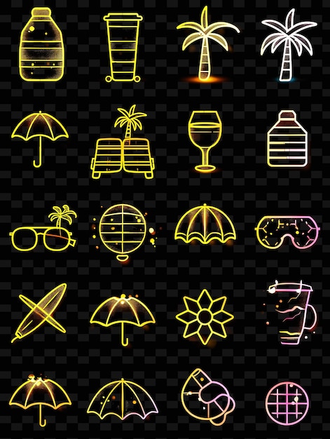 PSD diverse icone di spiaggia con aura luminosa e stile pixelato set png iconic y2k shape art decorativee