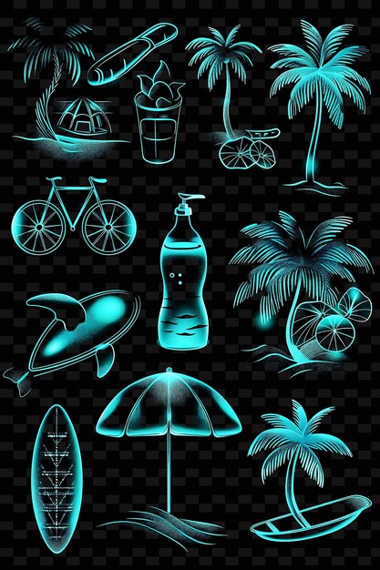 PSD diverse icone di spiaggia con aura luminosa e stile pixelato set png iconic y2k shape art decorativee