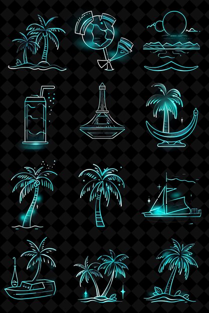 various of beach icons with glowing aura and pixelated style creative set neon color y2k collection