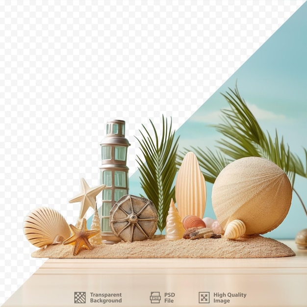 Various beach items on wooden surface against transparent background