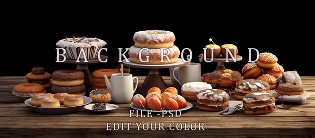 PSD various cakes donuts cakes and coffee cups classic wooden table background