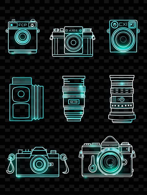 PSD various of camera icons with glowing aura and outline style set png iconic y2k shape art decorative