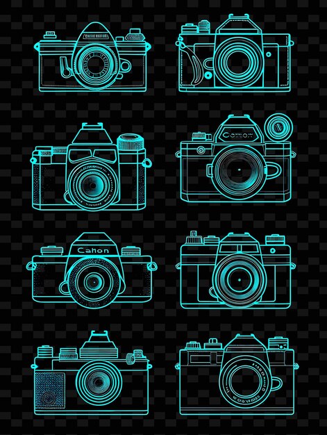 Diverse icone della fotocamera con aura luminosa e stile di contorno set png iconic y2k shape art decorative