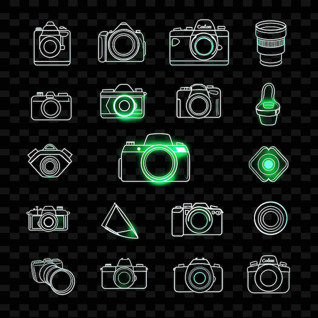 PSD various of camera icons with vibrant neon glow in online st set png iconic y2k shape art decorativey