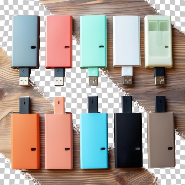 PSD various colored usb storage devices with cases on a wooden table