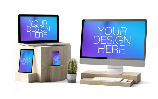 Various devices mockup on wooden cubes