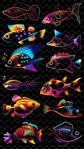 Various of fish icons with glowing aura and 8 bit arcane st set png iconic y2k shape art decorativey