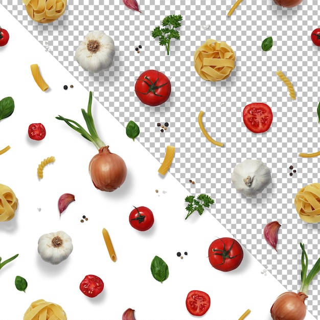 PSD Различные продукты питания, включая помидоры, чеснок и лук на прозрачном фоне