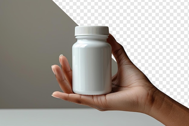 PSD various hand positions holding medicine container on transparent background