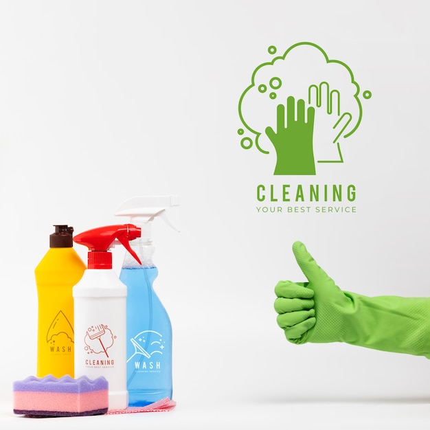 Various house cleaning products thumbs up gesture