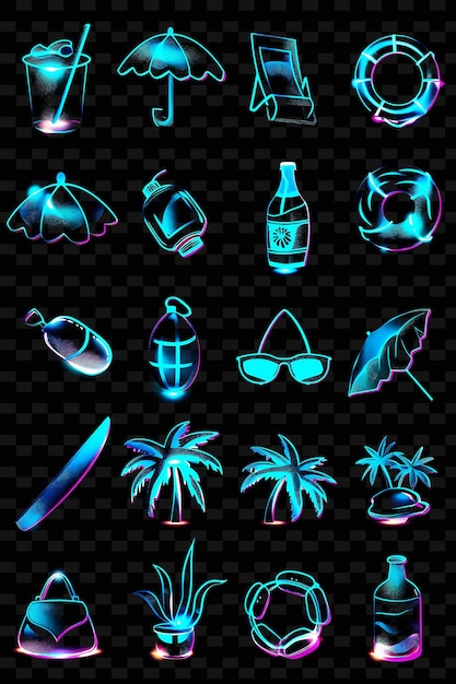 PSD Различные пляжные иконы с светящейся аурой и пикселированным стилем png iconic y2k shape art decorativee