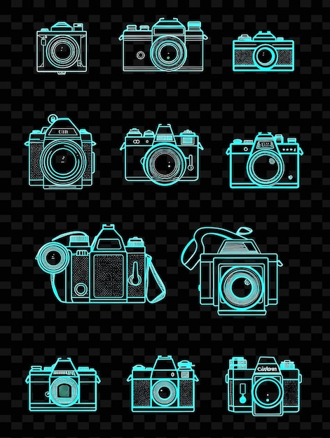 PSD 화려한 오라와 아웃라인 스타일 세트를 가진 다양한 카메라 아이콘 png 아이콘 y2k 모양 예술 장식