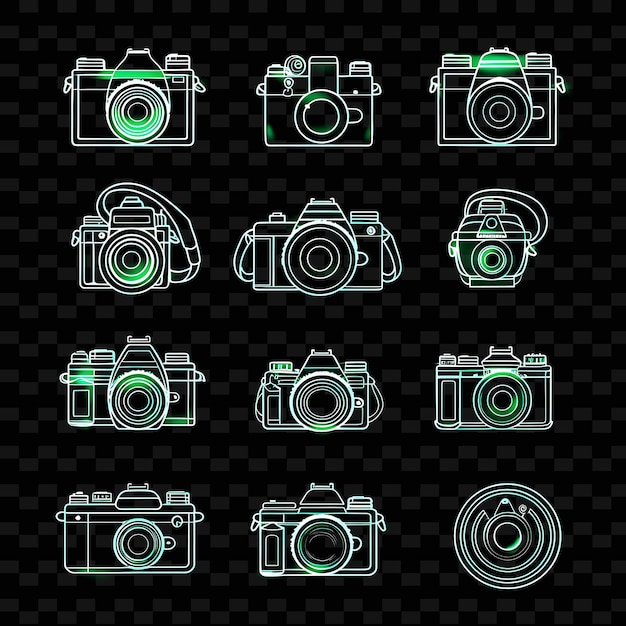 PSD Различные иконы камер с ярким неоновым светом в онлайн-сете png iconic y2k shape art decorativey