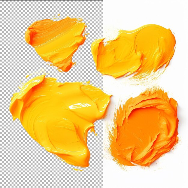 Diversi tratti di pennello a olio arancione su uno sfondo trasparente dalla vista superiore