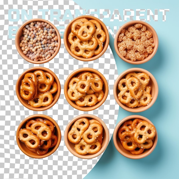 PSD various pretzel types in bowls like wheel selection in automotive tire shop