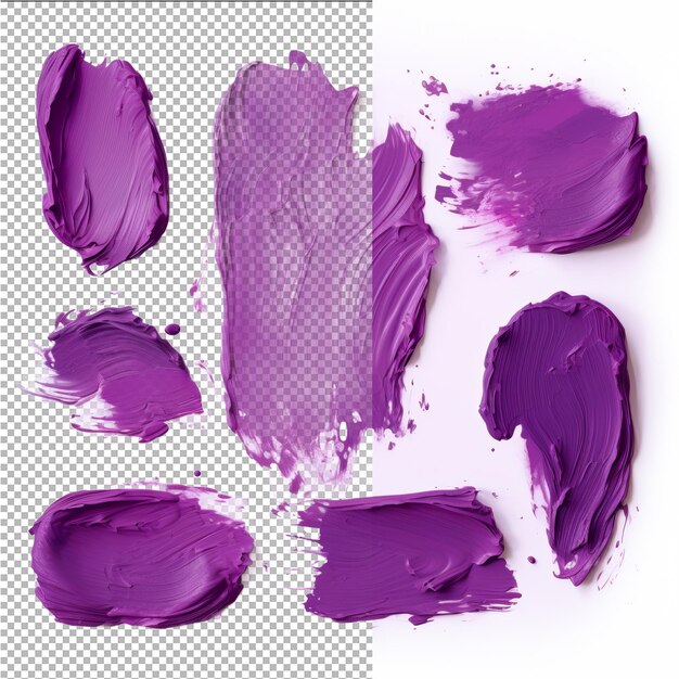 Various purple oil paint brush strokes on transparent background from top view