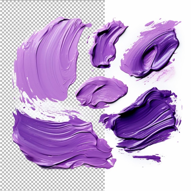 Various purple oil paint brush strokes on transparent background from top view