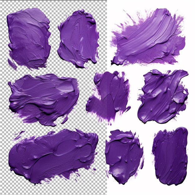 Various purple oil paint brush strokes on transparent background from top view