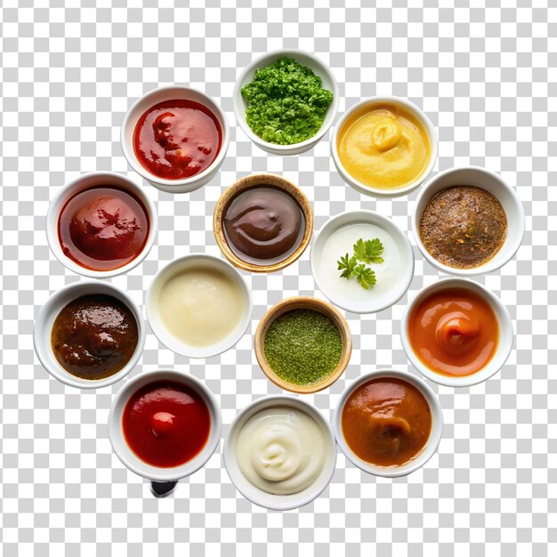 Various sauces in bowls isolated on transparent background